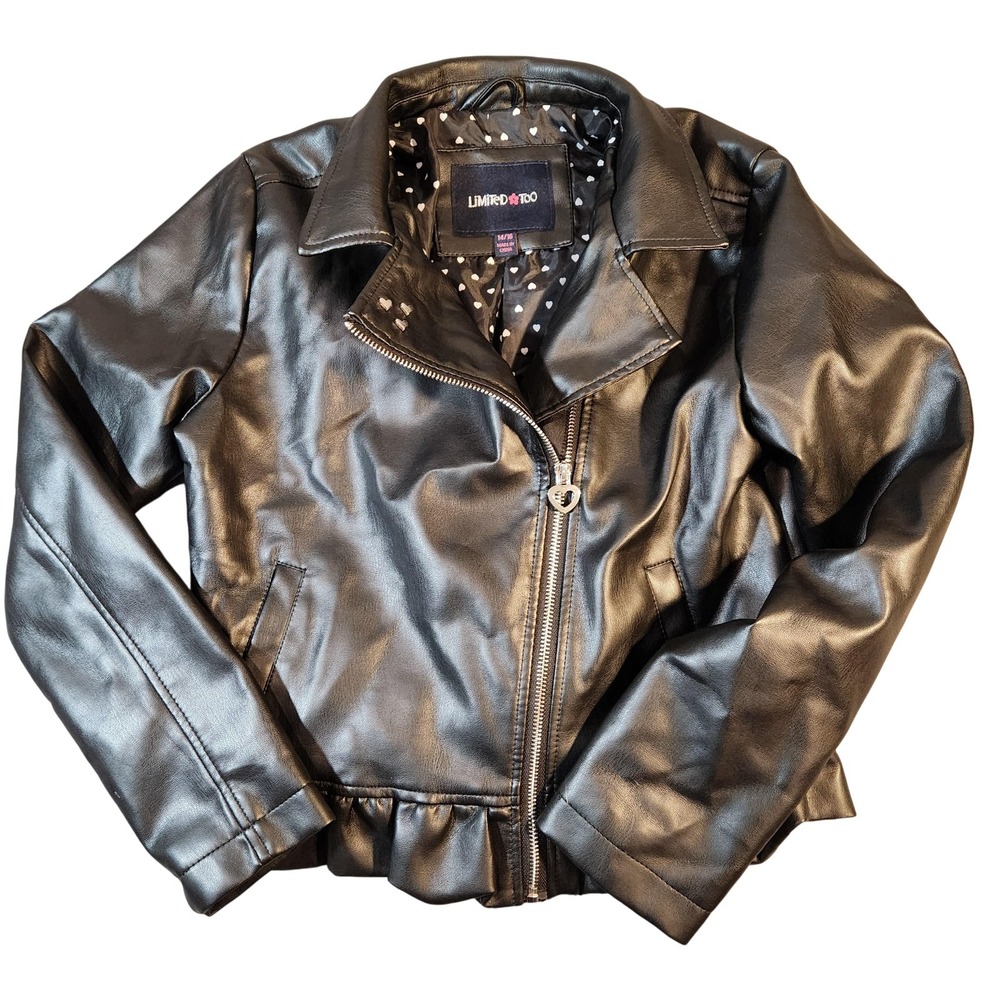 Limited Too Girls Black Faux Leather Moto Jacket Heart Lining Ruffle Y2K